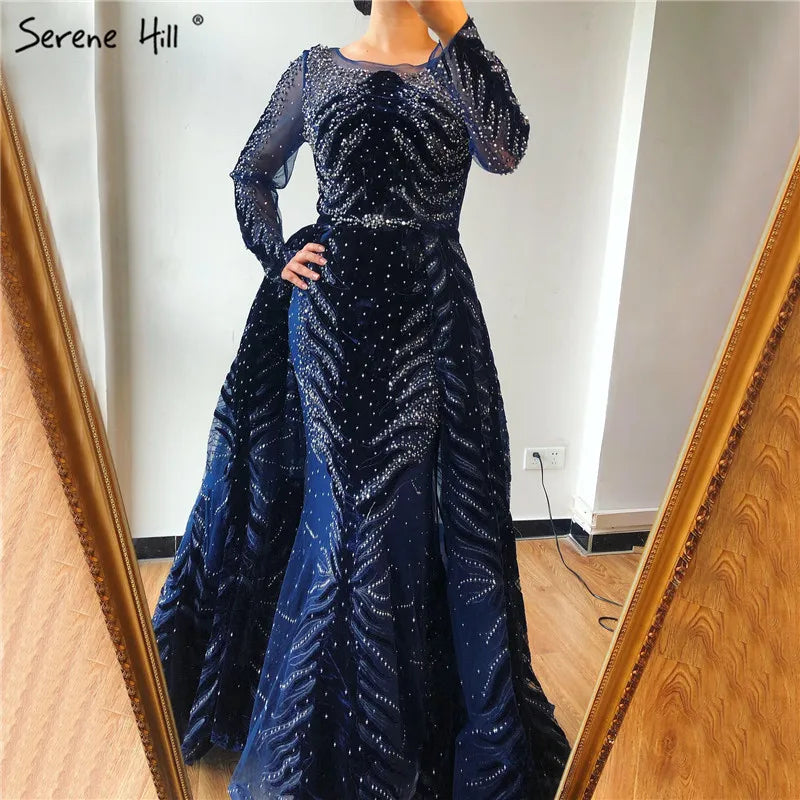 Vestido de noche de sirena azul de lujo en terciopelo musulmán 2025 con falda, vestido formal de talla grande LA60914 