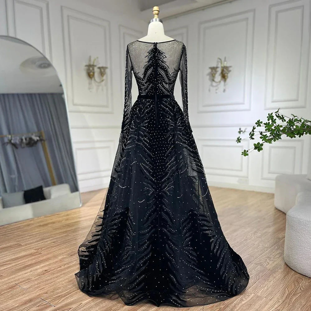 Vestido de noche de sirena azul de lujo en terciopelo musulmán 2025 con falda, vestido formal de talla grande LA60914 