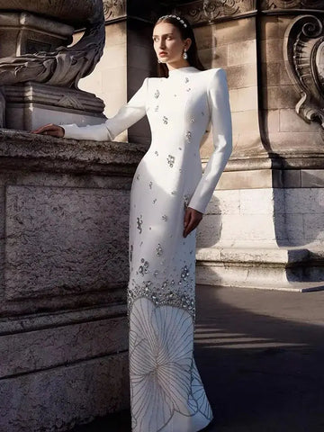 Robe de soirée musulmane de luxe blanche en cristal, manches longues, LA72719