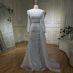 Vestido de noche elegante de sirena con cuentas, blanco musulmán con sobrefalda, para mujer, ideal para bodas y fiestas (LA72346) 
