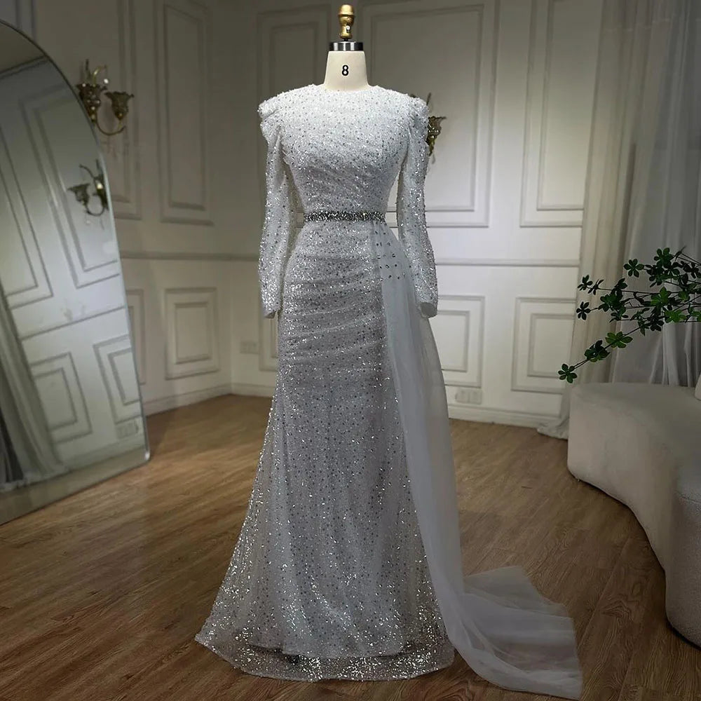 Vestido de noche elegante de sirena con cuentas, blanco musulmán con sobrefalda, para mujer, ideal para bodas y fiestas (LA72346) 