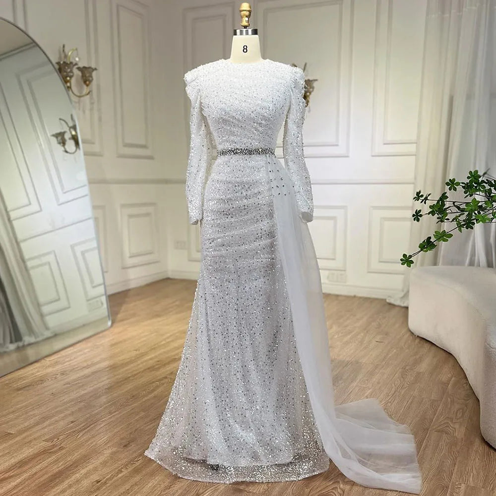 Vestido de noche elegante de sirena con cuentas, blanco musulmán con sobrefalda, para mujer, ideal para bodas y fiestas (LA72346) 