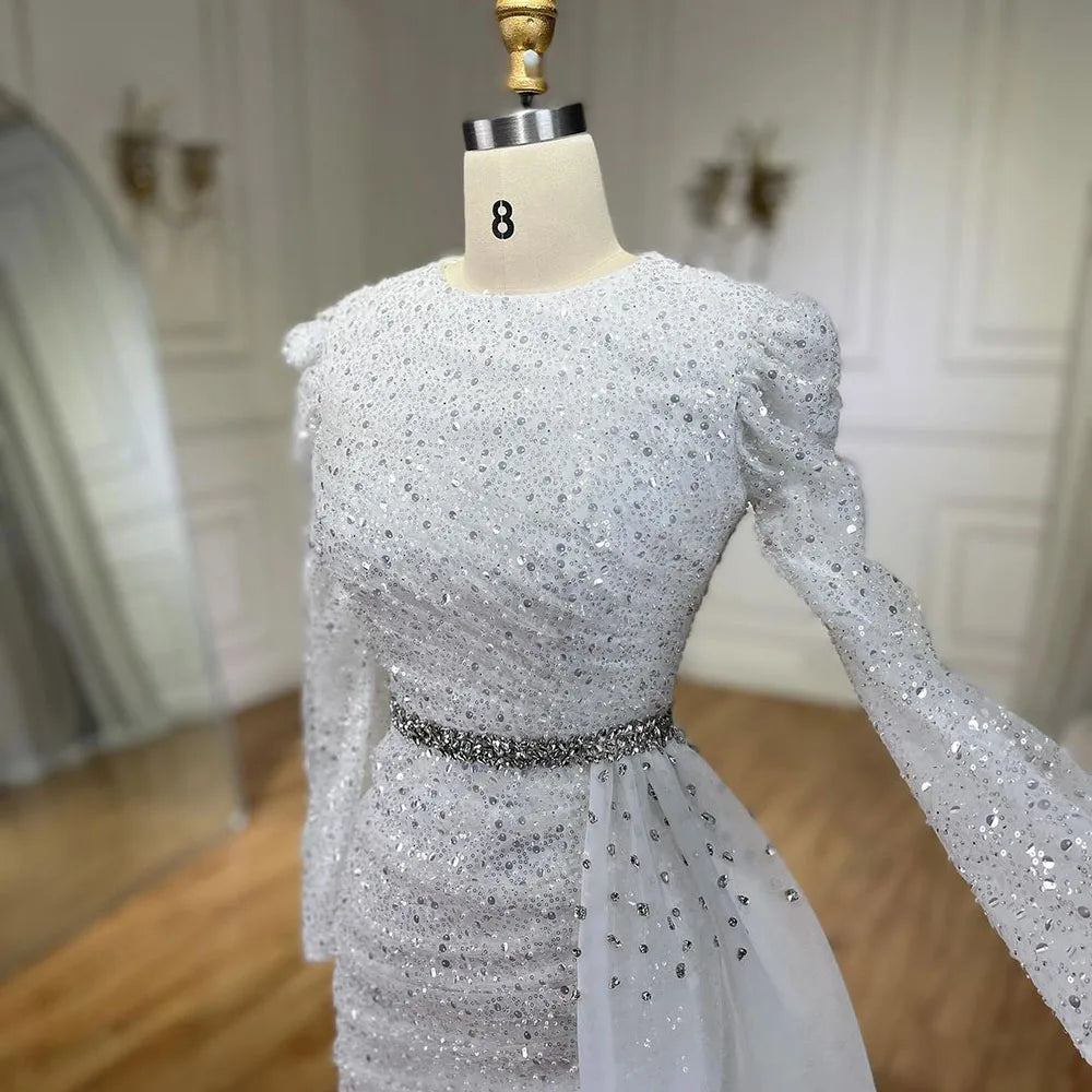 Vestido de noche elegante de sirena con cuentas, blanco musulmán con sobrefalda, para mujer, ideal para bodas y fiestas (LA72346) 