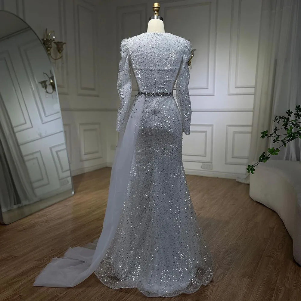 Vestido de noche elegante de sirena con cuentas, blanco musulmán con sobrefalda, para mujer, ideal para bodas y fiestas (LA72346) 