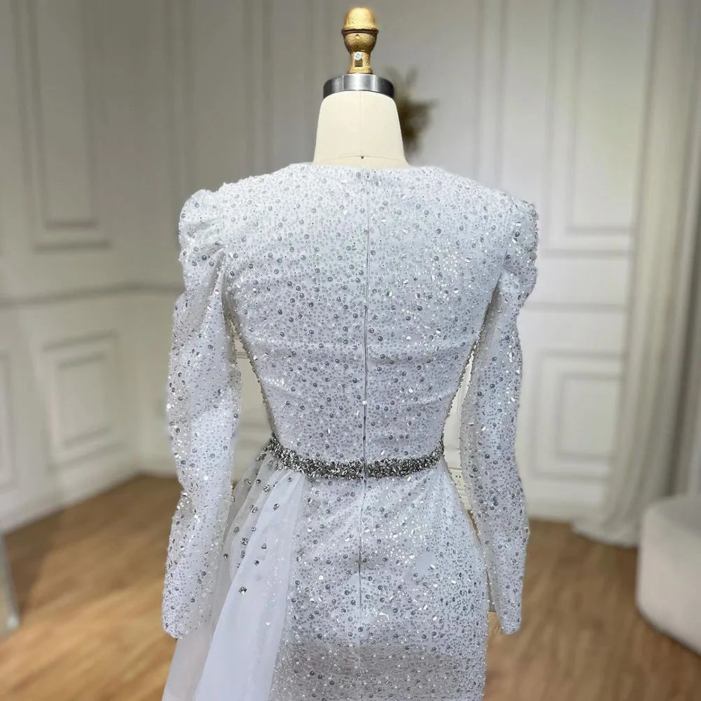 Vestido de noche elegante de sirena con cuentas, blanco musulmán con sobrefalda, para mujer, ideal para bodas y fiestas (LA72346) 
