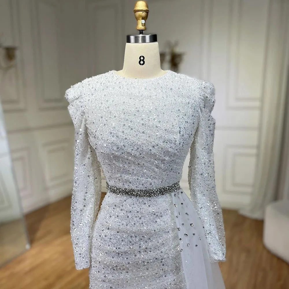 Vestido de noche elegante de sirena con cuentas, blanco musulmán con sobrefalda, para mujer, ideal para bodas y fiestas (LA72346) 