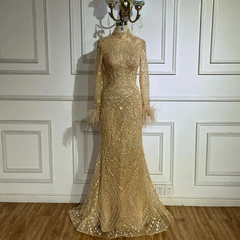Vestidos de fiesta de boda para mujeres musulmanas en Dubái, vestidos largos de noche de sirena con plumas y cuentas doradas de lujo LA72546 