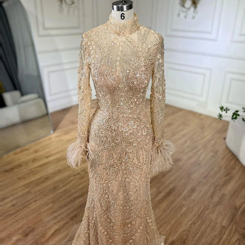2025 Muslim Women Wedding Party Dubai Gowns Gold Luxury Beaded Feathers Mermaid Long Evening Dresses LA72546