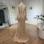 Vestidos de fiesta de boda para mujeres musulmanas en Dubái, vestidos largos de noche de sirena con plumas y cuentas doradas de lujo LA72546 