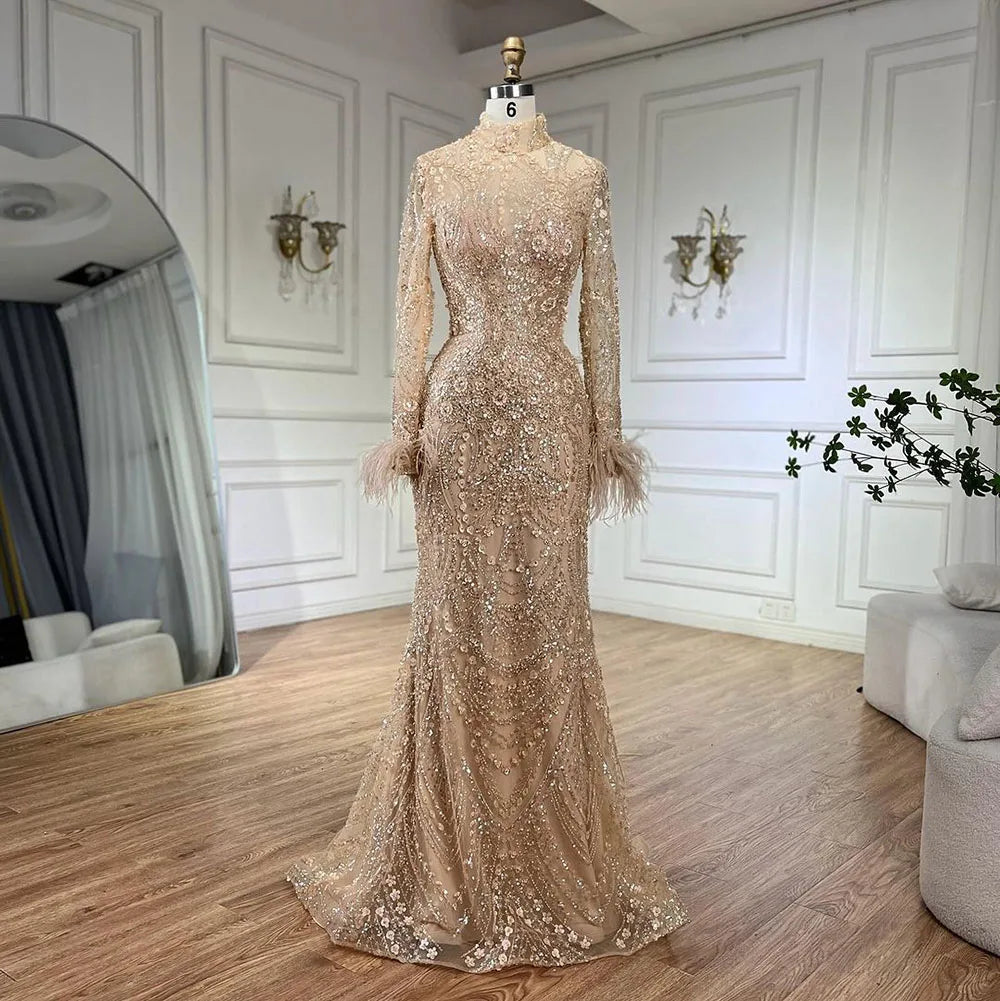 Vestidos de fiesta de boda para mujeres musulmanas en Dubái, vestidos largos de noche de sirena con plumas y cuentas doradas de lujo LA72546 