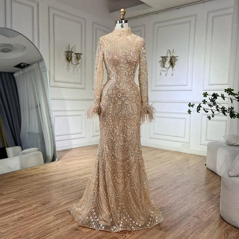 2025 Muslim Women Wedding Party Dubai Gowns Gold Luxury Beaded Feathers Mermaid Long Evening Dresses LA72546