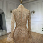 Vestidos de fiesta de boda para mujeres musulmanas en Dubái, vestidos largos de noche de sirena con plumas y cuentas doradas de lujo LA72546 