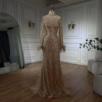 Vestidos de fiesta de boda para mujeres musulmanas en Dubái, vestidos largos de noche de sirena con plumas y cuentas doradas de lujo LA72546 