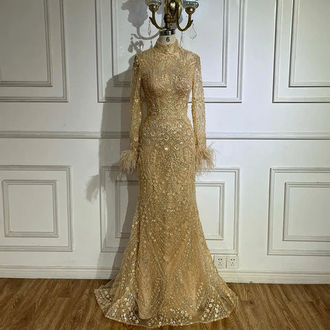2025 Muslim Women Wedding Party Dubai Gowns Gold Luxury Beaded Feathers Mermaid Long Evening Dresses LA72546