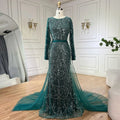 Vestidos de fiesta de boda para mujeres musulmanas en Dubái, 2025, sobrefalda verde, lujosos vestidos largos de noche de sirena con cuentas LA72032D 