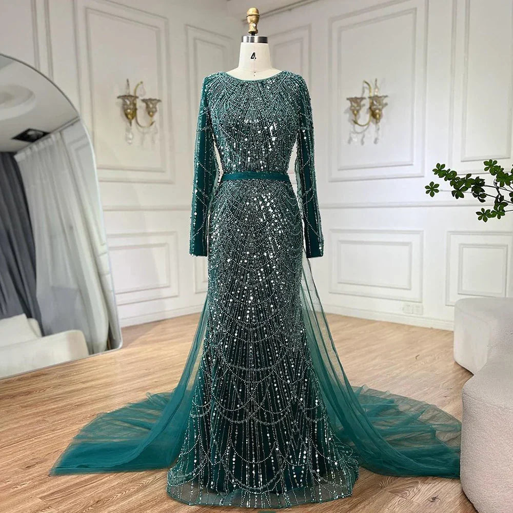 Vestidos de fiesta de boda para mujeres musulmanas en Dubái, 2025, sobrefalda verde, lujosos vestidos largos de noche de sirena con cuentas LA72032D 
