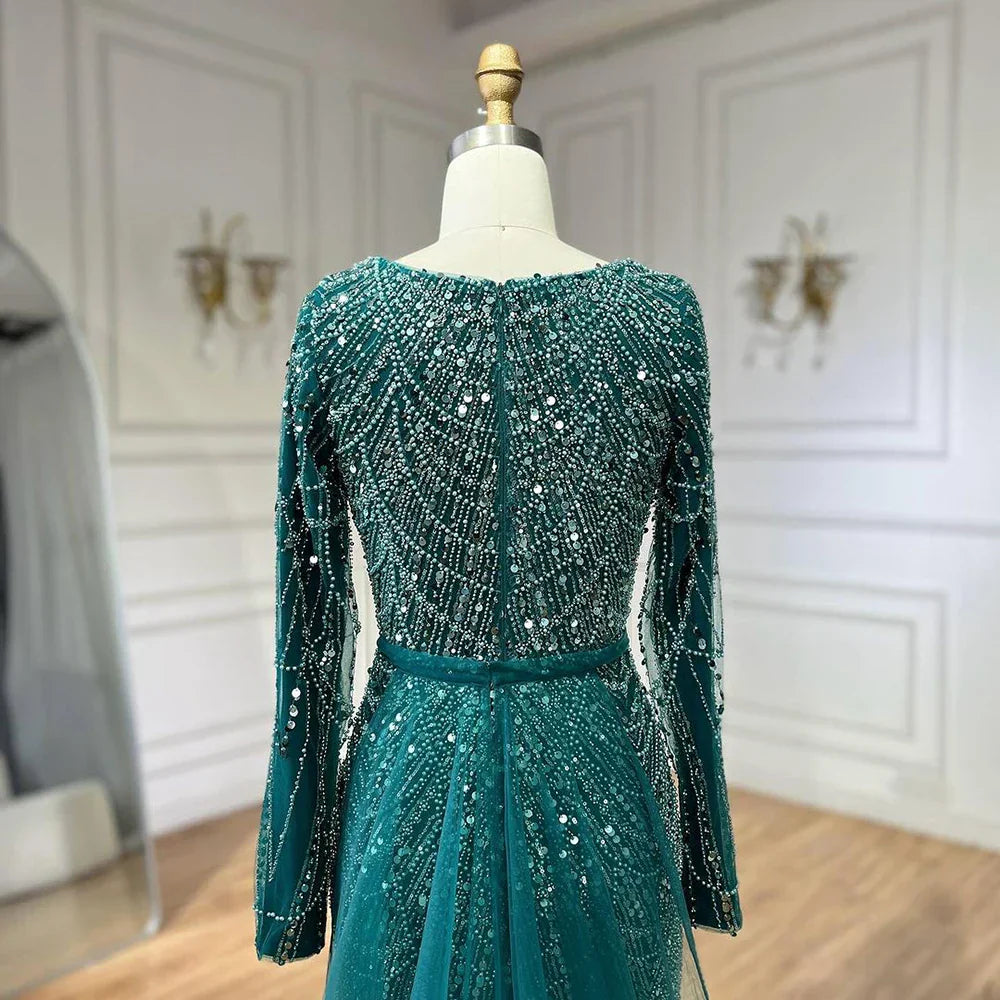 Vestidos de fiesta de boda para mujeres musulmanas en Dubái, 2025, sobrefalda verde, lujosos vestidos largos de noche de sirena con cuentas LA72032D 