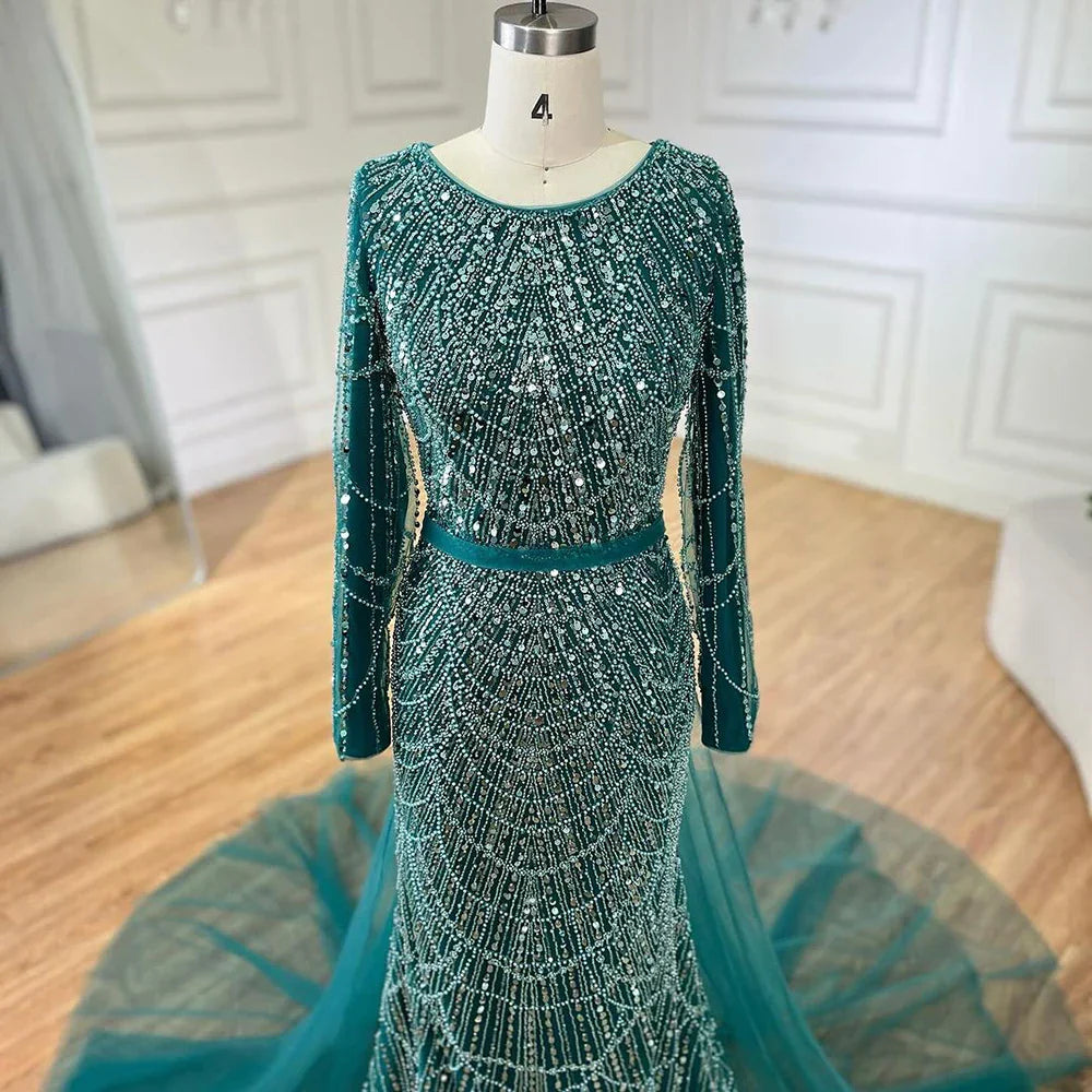 Vestidos de fiesta de boda para mujeres musulmanas en Dubái, 2025, sobrefalda verde, lujosos vestidos largos de noche de sirena con cuentas LA72032D 