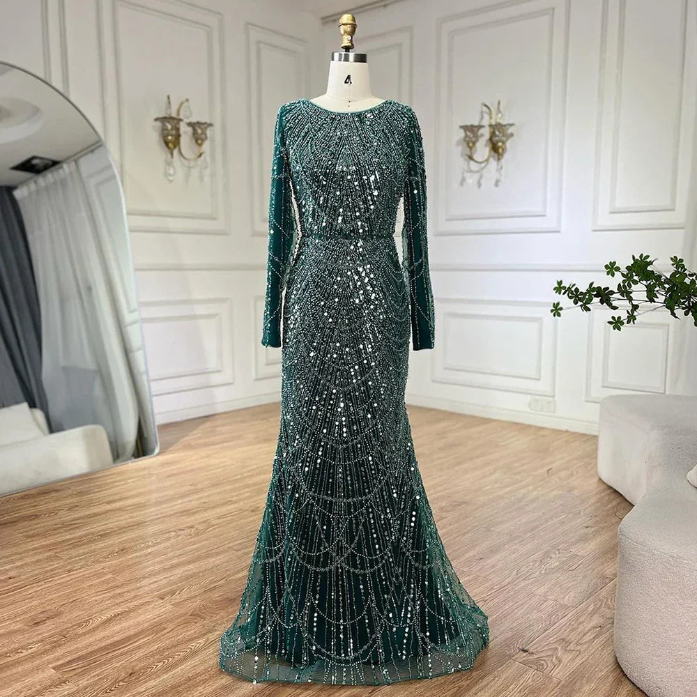 Vestidos de fiesta de boda para mujeres musulmanas en Dubái, 2025, sobrefalda verde, lujosos vestidos largos de noche de sirena con cuentas LA72032D 