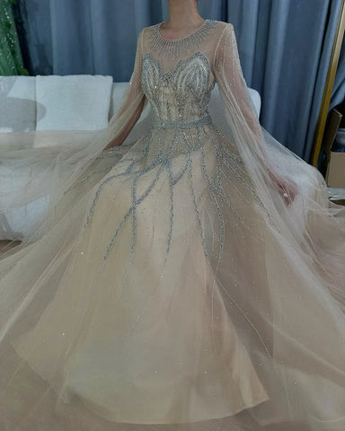 Robe de soirée longue arabe élégante bleu nude, coupe trapèze, perlée, avec manches cape, pour une occasion formelle, LA72785, 2025 