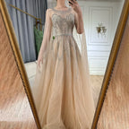 Vestido largo de noche árabe elegante, corte en A, con cuentas, color azul nude, mangas tipo capa, ideal para ocasiones formales (LA72785) 