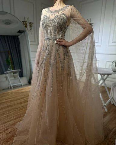 Robe de soirée longue arabe élégante bleu nude, coupe trapèze, perlée, avec manches cape, pour une occasion formelle, LA72785, 2025 