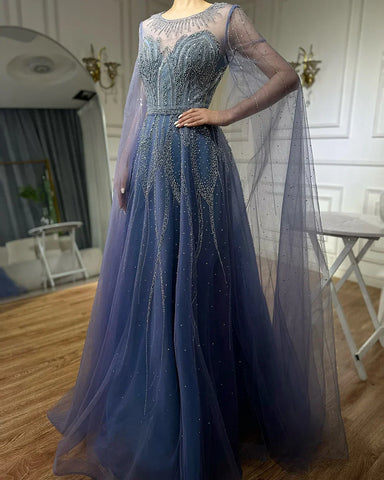 Robe de soirée longue arabe élégante bleu nude, coupe trapèze, perlée, avec manches cape, pour une occasion formelle, LA72785, 2025 