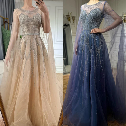 Robe de soirée longue arabe élégante bleu nude, coupe trapèze, perlée, avec manches cape, pour une occasion formelle, LA72785, 2025 