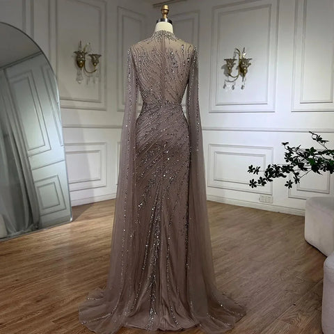 Robe de soirée sirène noire nude luxueuse avec manches cape LA71885A 