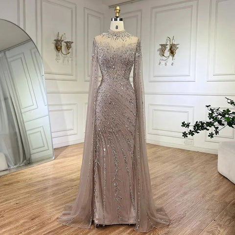 Robe de soirée sirène noire nude luxueuse avec manches cape LA71885A 
