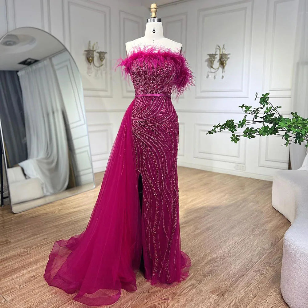 Vestido de noche de sirena color nude, sin tirantes, con sobrefalda, plumas y abertura alta, estilo princesa, para mujer (LA72311) 
