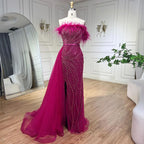 Vestido de noche de sirena color nude, sin tirantes, con sobrefalda, plumas y abertura alta, estilo princesa, para mujer (LA72311) 