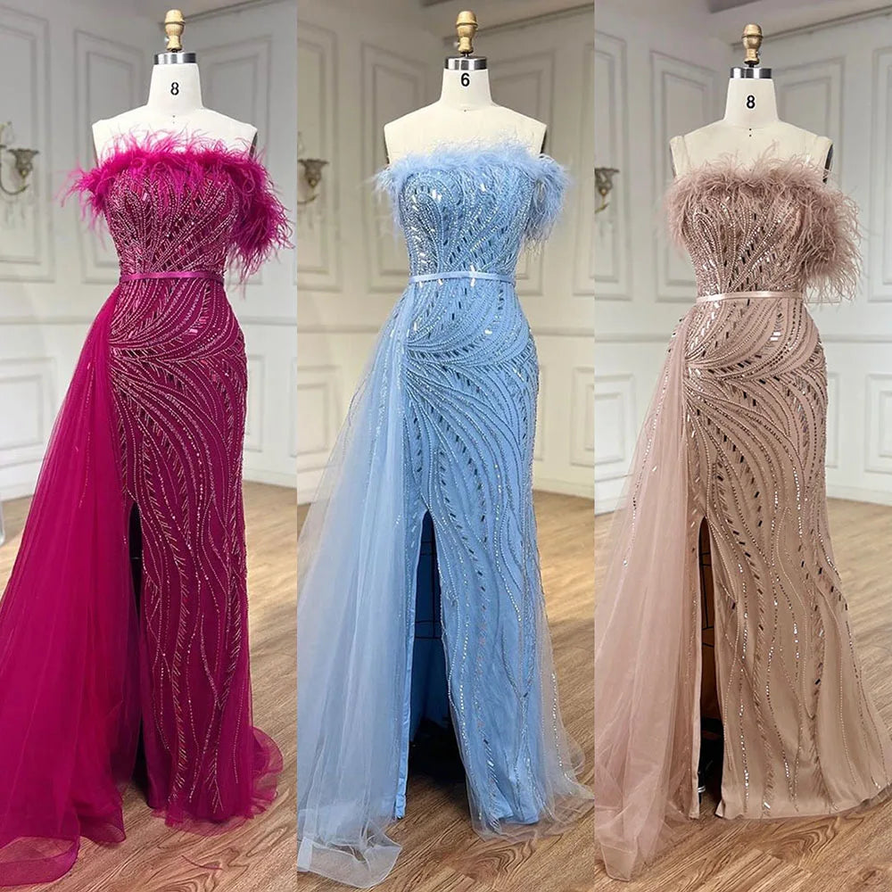 Vestido de noche de sirena color nude, sin tirantes, con sobrefalda, plumas y abertura alta, estilo princesa, para mujer (LA72311) 