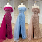Vestido de noche de sirena color nude, sin tirantes, con sobrefalda, plumas y abertura alta, estilo princesa, para mujer (LA72311) 