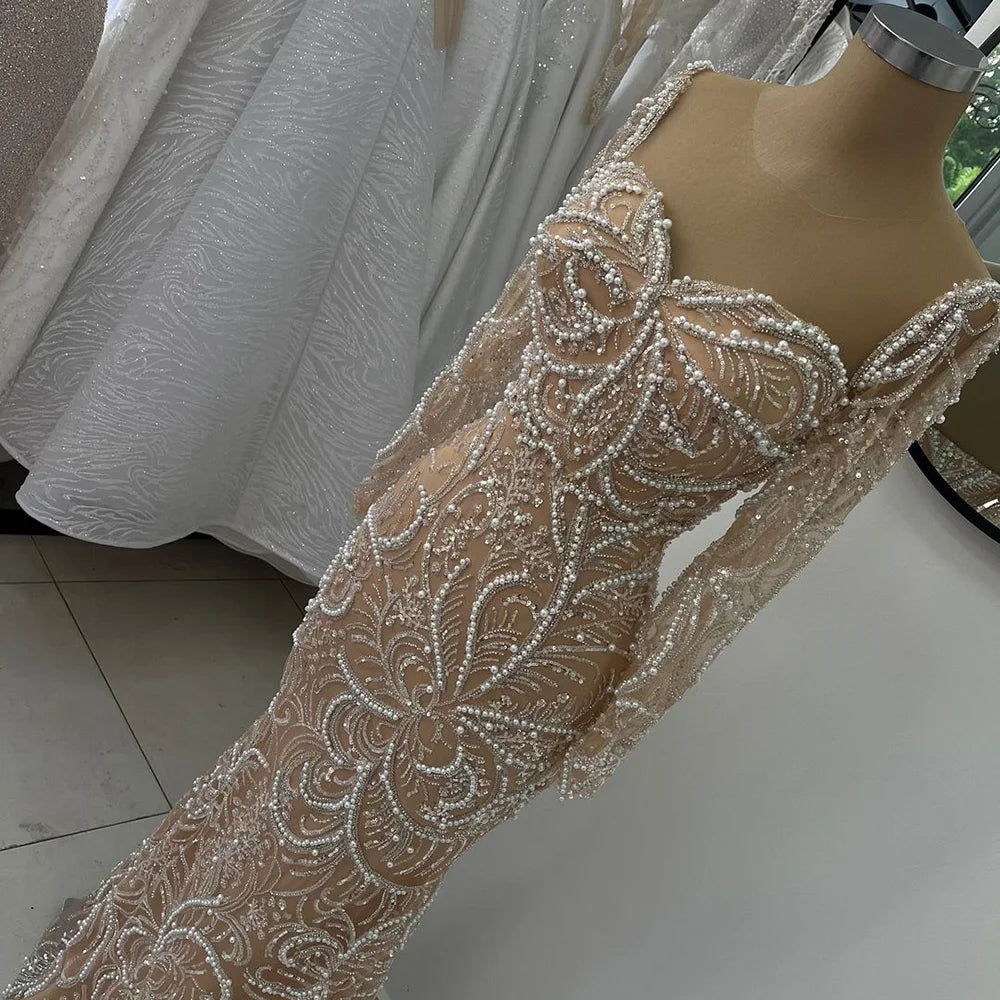 Vestido de noche árabe de lujo con perlas y cuentas, estilo sirena color nude, para ocasiones formales (LA72648) 