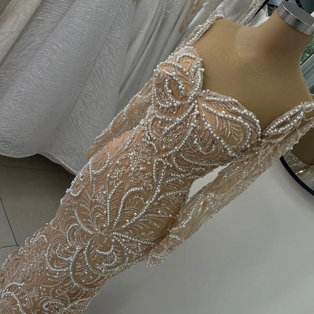 Vestido de noche árabe de lujo con perlas y cuentas, estilo sirena color nude, para ocasiones formales (LA72648) 