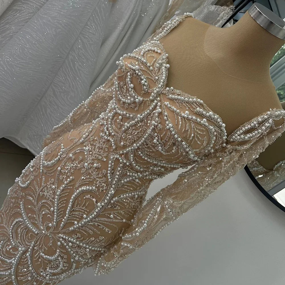 Vestido de noche árabe de lujo con perlas y cuentas, estilo sirena color nude, para ocasiones formales (LA72648) 