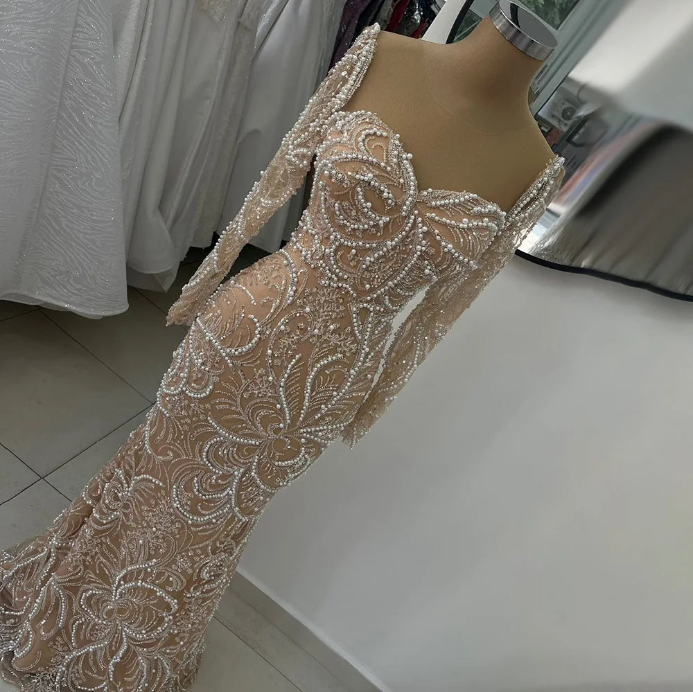 Vestido de noche árabe de lujo con perlas y cuentas, estilo sirena color nude, para ocasiones formales (LA72648) 