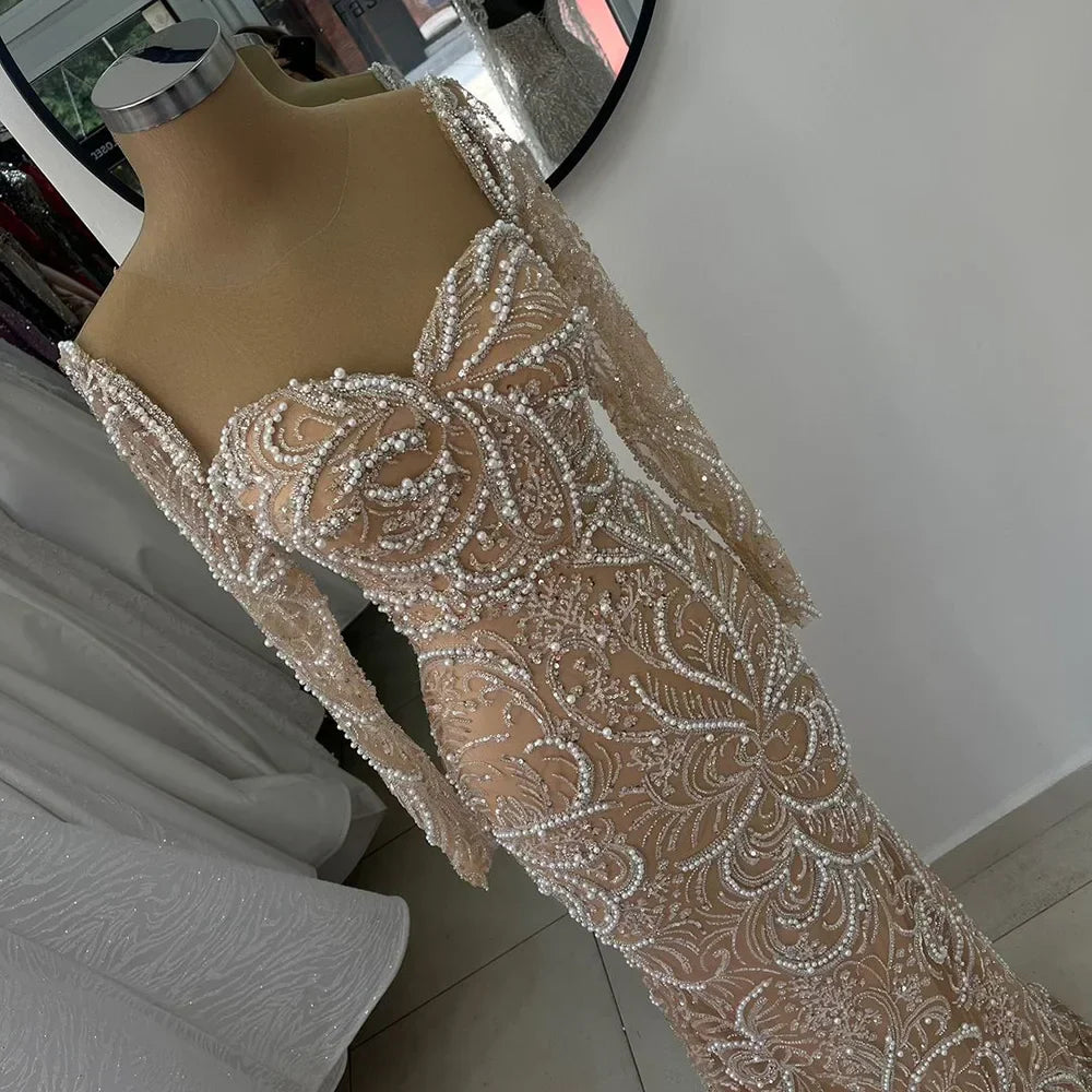 Vestido de noche árabe de lujo con perlas y cuentas, estilo sirena color nude, para ocasiones formales (LA72648) 