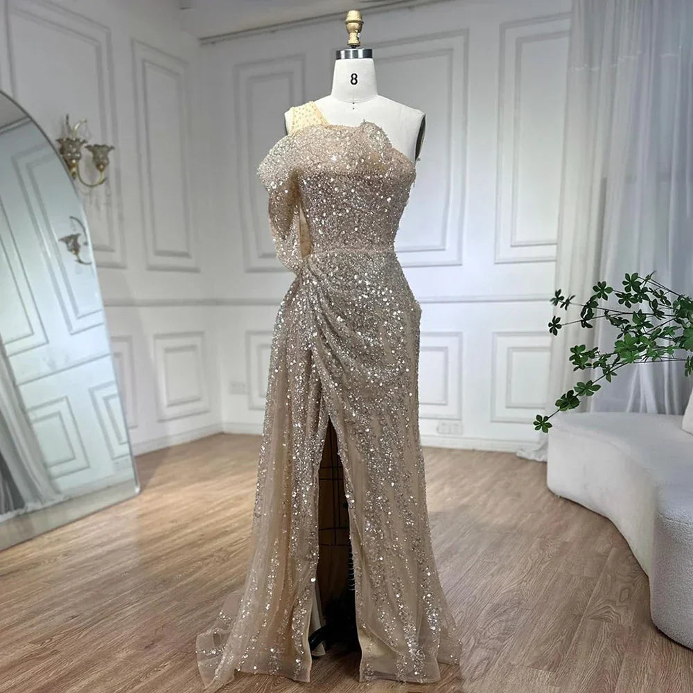 Vestido de noche de sirena de lujo color nude, con un solo hombro y abertura, con cuentas, estilo Dubai, para mujer, ideal para bodas y fiestas (LA72385) 