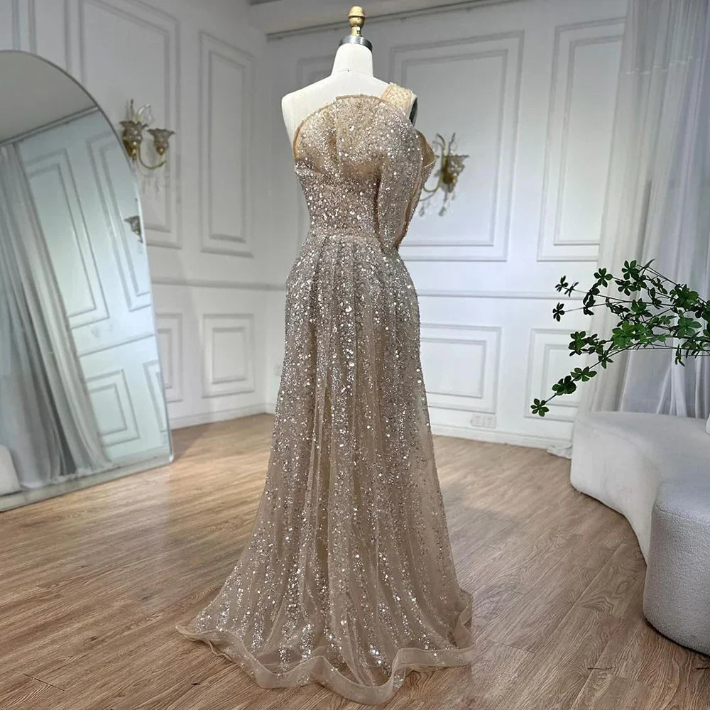 Vestido de noche de sirena de lujo color nude, con un solo hombro y abertura, con cuentas, estilo Dubai, para mujer, ideal para bodas y fiestas (LA72385) 