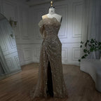 Vestido de noche de sirena de lujo color nude, con un solo hombro y abertura, con cuentas, estilo Dubai, para mujer, ideal para bodas y fiestas (LA72385) 
