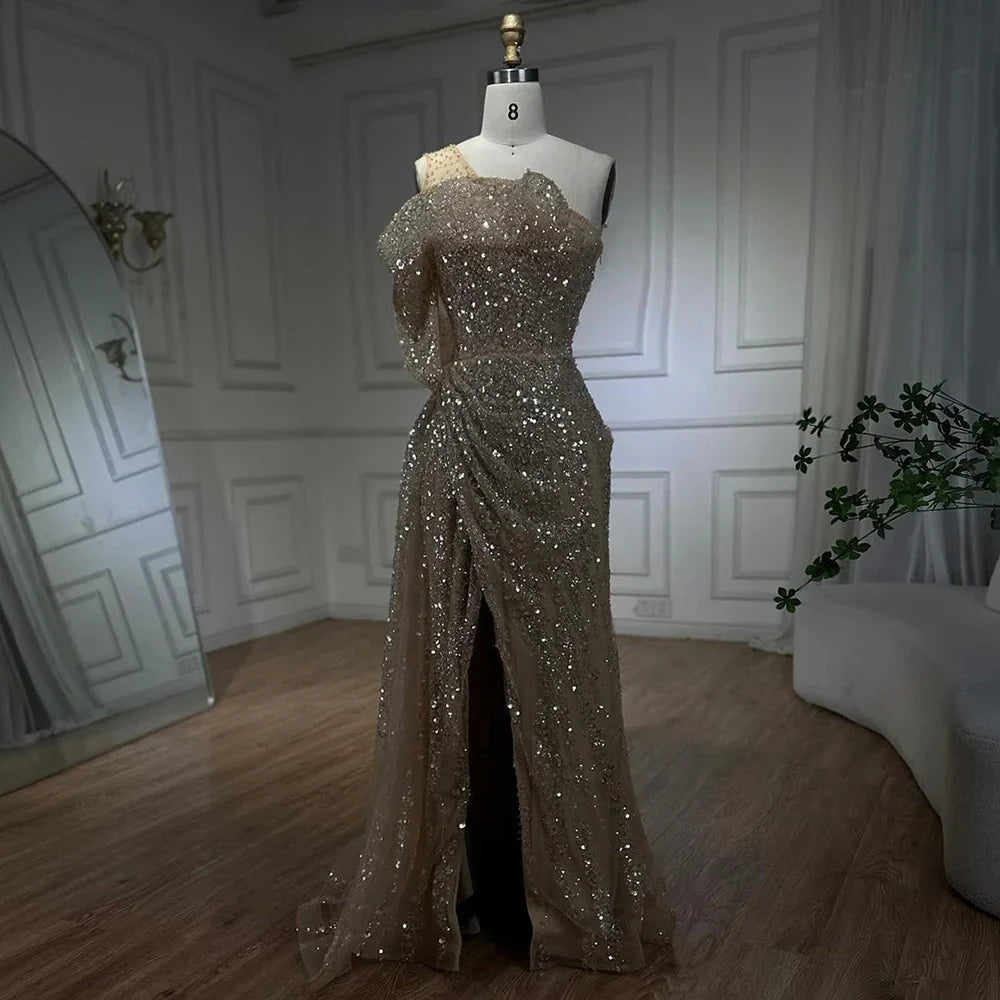 Vestido de noche de sirena de lujo color nude, con un solo hombro y abertura, con cuentas, estilo Dubai, para mujer, ideal para bodas y fiestas (LA72385) 