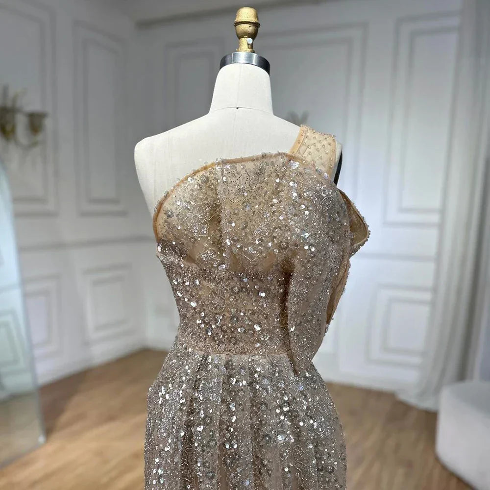 Vestido de noche de sirena de lujo color nude, con un solo hombro y abertura, con cuentas, estilo Dubai, para mujer, ideal para bodas y fiestas (LA72385) 