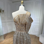 Vestido de noche de sirena de lujo color nude, con un solo hombro y abertura, con cuentas, estilo Dubai, para mujer, ideal para bodas y fiestas (LA72385) 