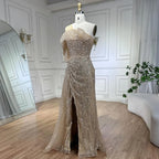 Vestido de noche de sirena de lujo color nude, con un solo hombro y abertura, con cuentas, estilo Dubai, para mujer, ideal para bodas y fiestas (LA72385) 