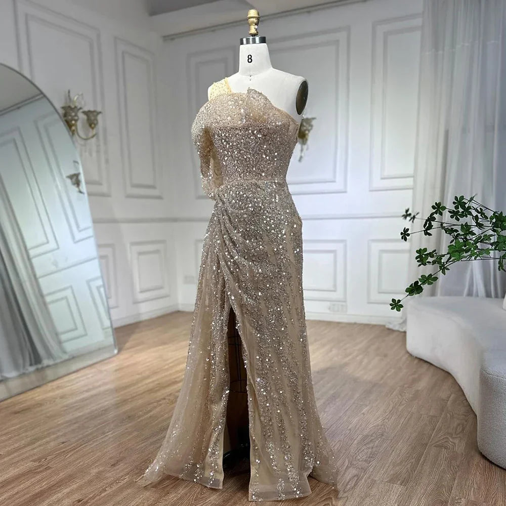 Vestido de noche de sirena de lujo color nude, con un solo hombro y abertura, con cuentas, estilo Dubai, para mujer, ideal para bodas y fiestas (LA72385) 