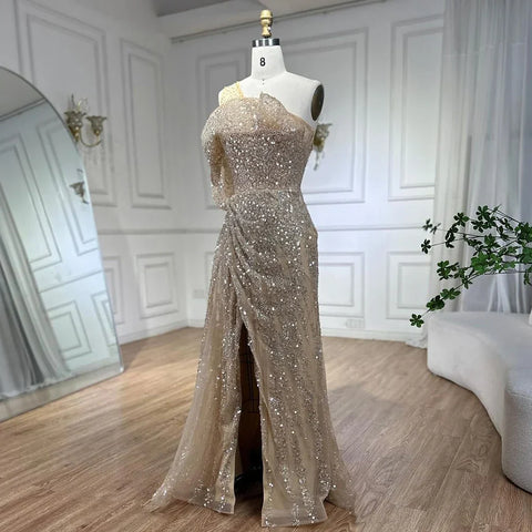 Robe de soirée sirène de luxe à une épaule, fendue et perlée, couleur chair, style Dubaï, pour femmes, tenue de mariage, LA72385, 2025 