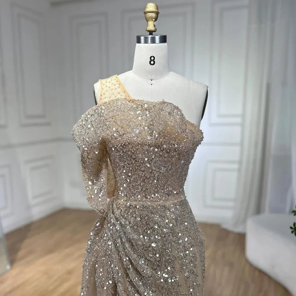 Vestido de noche de sirena de lujo color nude, con un solo hombro y abertura, con cuentas, estilo Dubai, para mujer, ideal para bodas y fiestas (LA72385) 