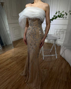 Vestido de noche saudí color nude con un solo hombro y abertura, adornado con cuentas, ideal para ocasiones formales (LA72746) 